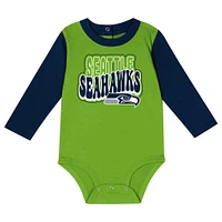 Infant Neon Green/College Navy Seattle Seahawks Double Up Long Sleeve Bodysuit Pant Set