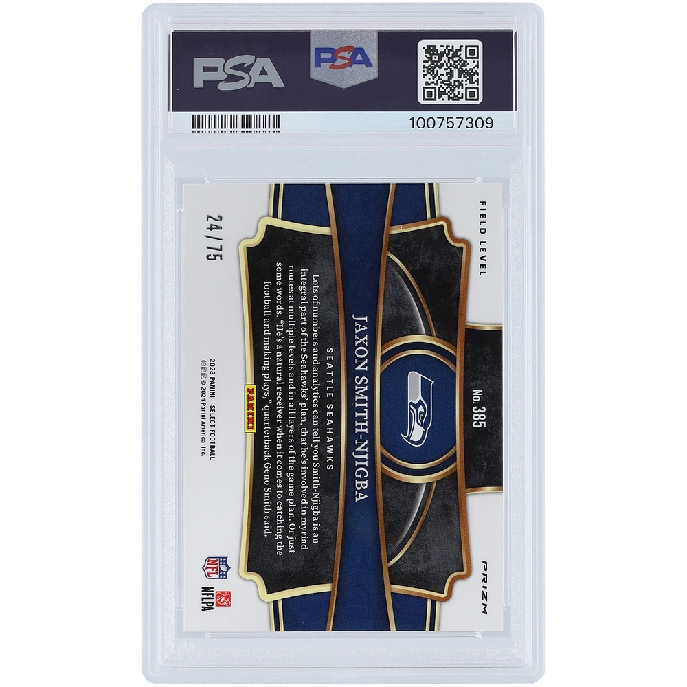 Carte de recrue authentifiée Panini Select Tri-Color Prizm #385 #24/75 PSA 2023 des Seahawks de Seattle de Jaxon Smith-Njigba