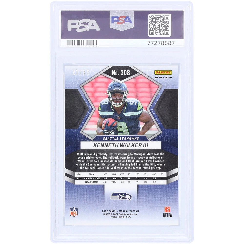 Carte Panini Mosaic Purple Mosaic n° 308 n° 21/49 de Kenneth Walker, Seattle Seahawks 2022, authentifiée PSA 10 Rookie