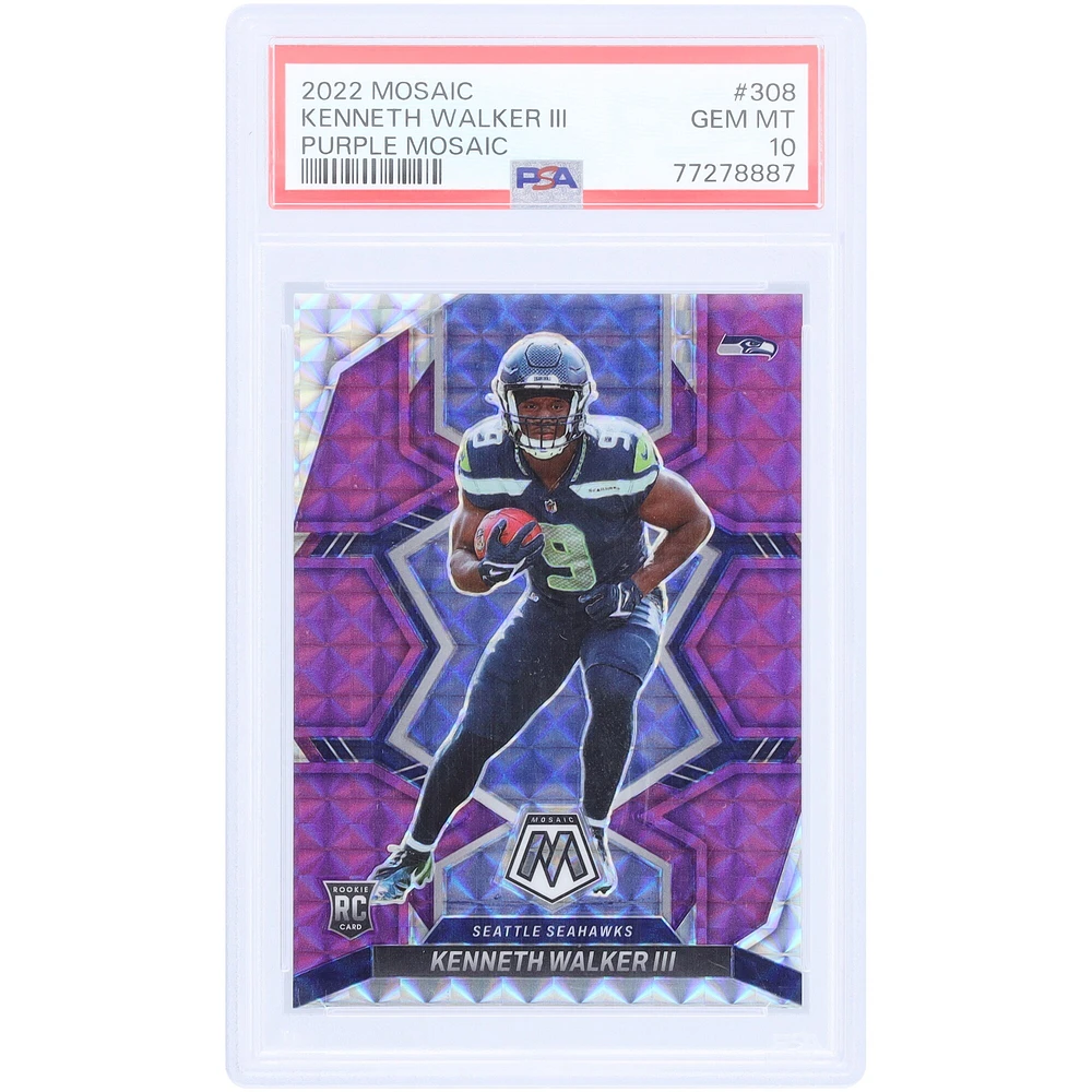 Carte Panini Mosaic Purple Mosaic n° 308 n° 21/49 de Kenneth Walker, Seattle Seahawks 2022, authentifiée PSA 10 Rookie
