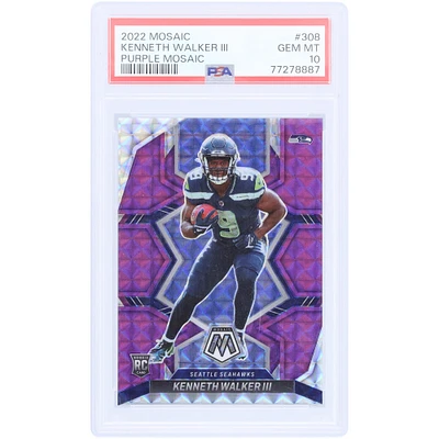 Carte Panini Mosaic Purple Mosaic n° 308 n° 21/49 de Kenneth Walker, Seattle Seahawks 2022, authentifiée PSA 10 Rookie
