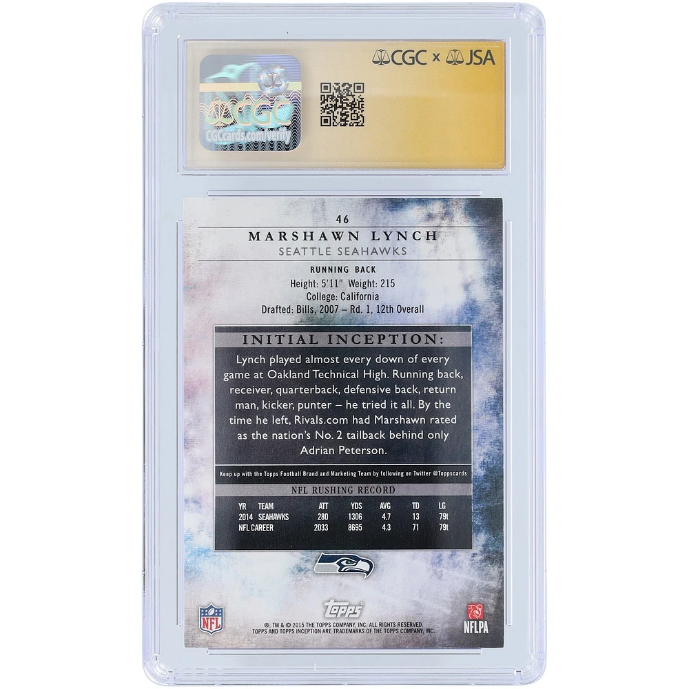 Marshawn Lynch Seattle Seahawks Autographed 2015 Topps Inception Magenta #46 #/99 CGC Fanatics Witnessed Authenticated 9/10 Card