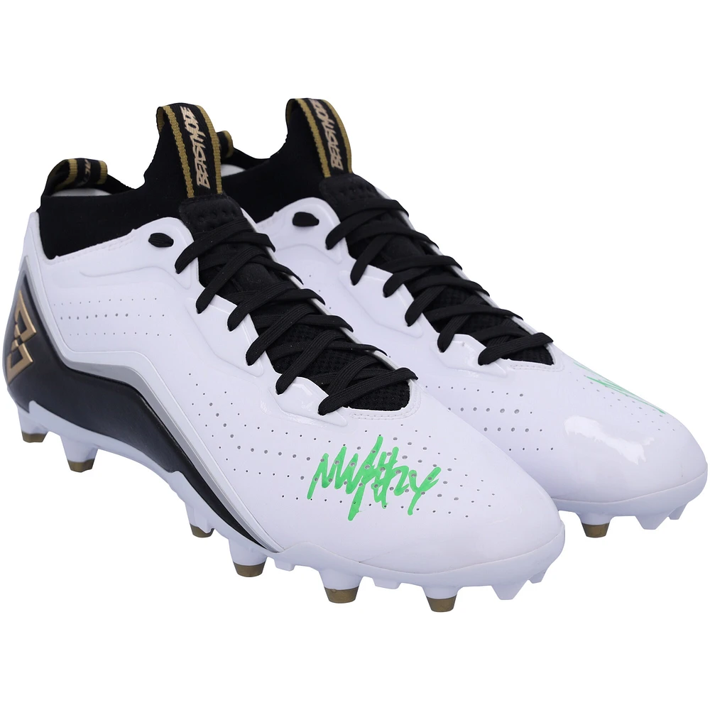Chaussures de football dédicacées Beast Mode B.T.A Elite noires, blanches et dorées de Marshawn Lynch Seattle Seahawks - Signées en vert - Édition limitée #1/1