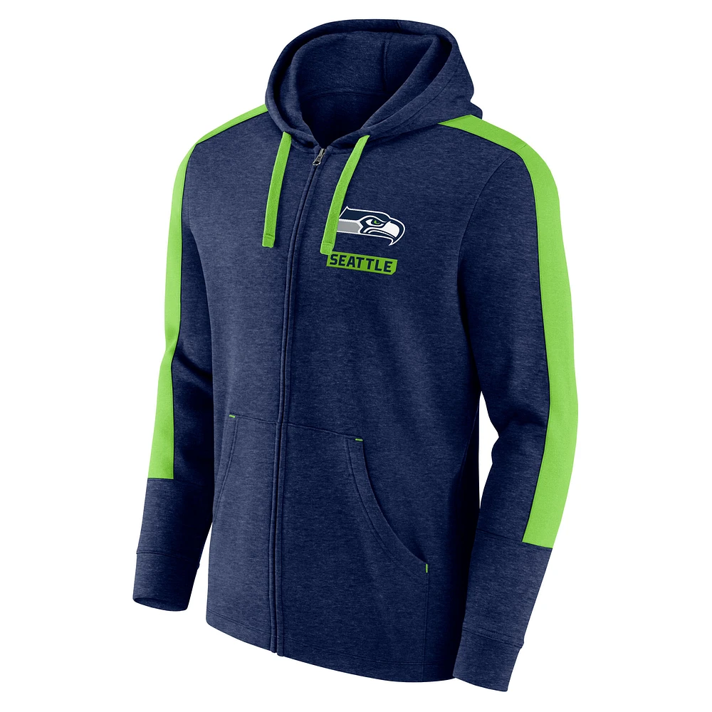 Sweat à capuche entièrement zippé Fanatics Heather College Navy Seattle Seahawks Gains pour hommes