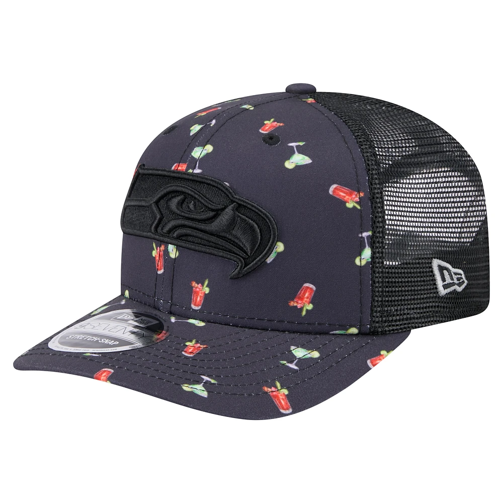 Men's New Era Navy/Black Seattle Seahawks Adventure Drinks Pattern 9SEVENTY Stretch-Snap Hat