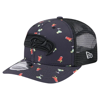 Men's New Era  Navy/Black Seattle Seahawks Adventure Drinks Pattern 9SEVENTY Stretch-Snap Hat