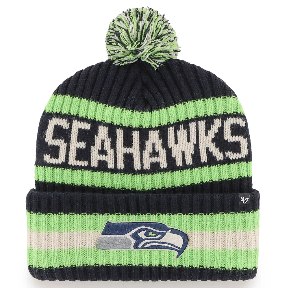 Bonnet en tricot à revers Seattle Seahawks Bering '47 College Navy pour homme avec pompon