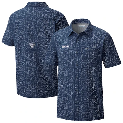 Chemise boutonnée Columbia PFG College Navy pour homme Seattle Seahawks Super Slack Tide Omni-Wick