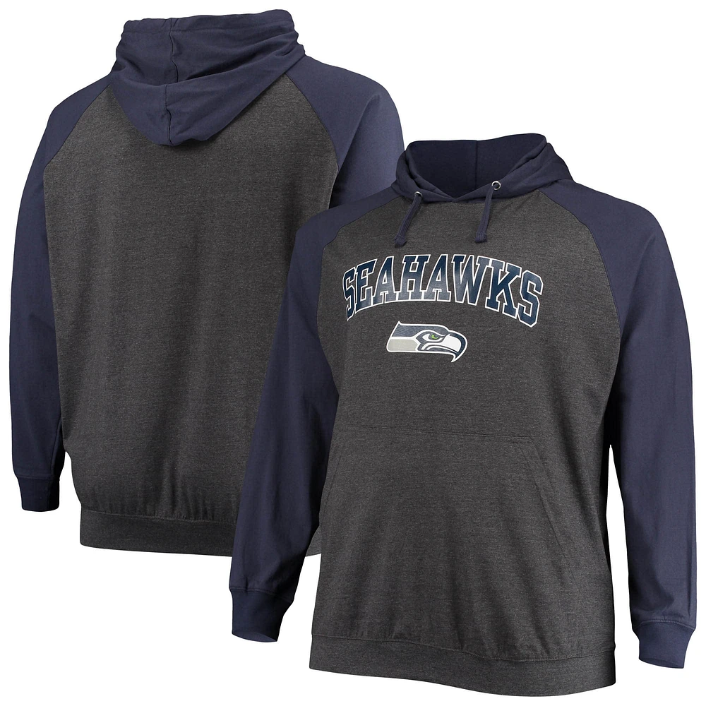 Men's Fanatics College Navy/Heathered Charcoal Seattle Seahawks Big & Tall Lightweight Raglan Pullover Hoodie