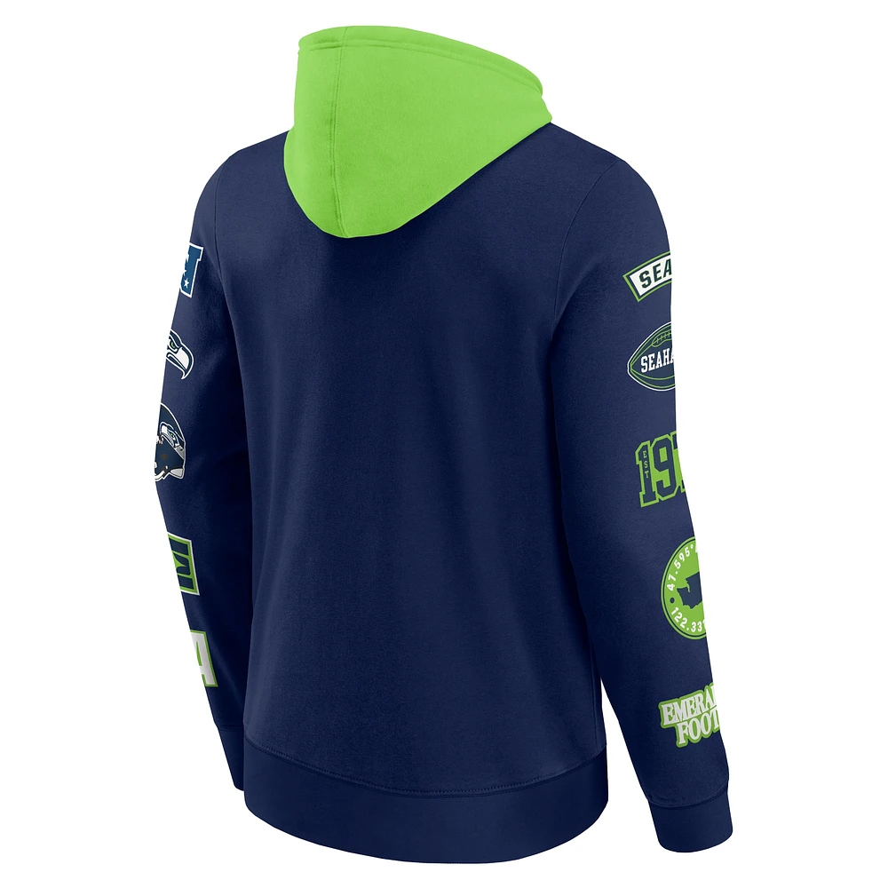 Men's Fanatics  College Navy/Neon Green Seattle Seahawks Patched Out Pullover Hoodie