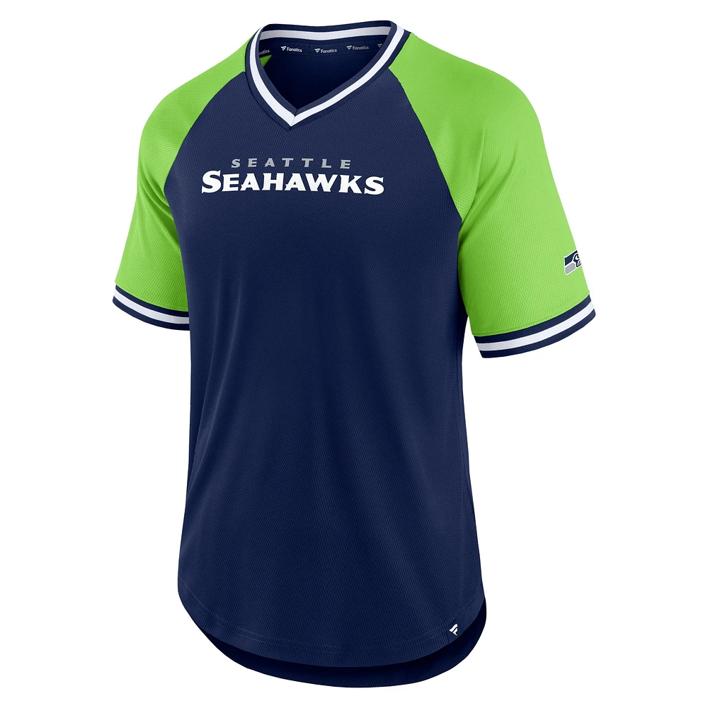 T-shirt à col en V raglan pour hommes Fanatics College bleu marine/vert fluo Seattle Seahawks Second Wind