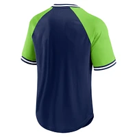 T-shirt à col en V raglan pour hommes Fanatics College bleu marine/vert fluo Seattle Seahawks Second Wind