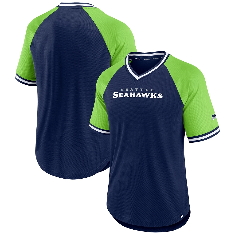 T-shirt raglan à col en V pour hommes Fanatics College bleu marine/vert fluo Seattle Seahawks Second Wind