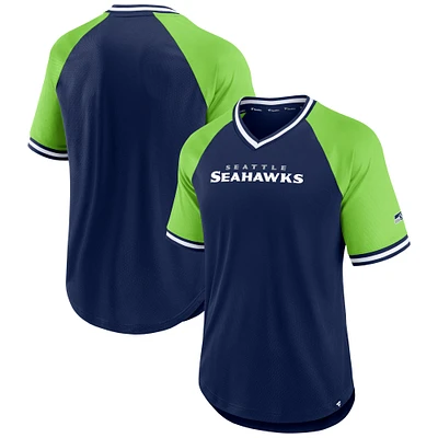 T-shirt raglan à col en V pour hommes Fanatics College bleu marine/vert fluo Seattle Seahawks Second Wind