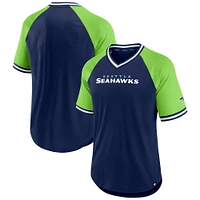 T-shirt raglan à col en V pour hommes Fanatics College bleu marine/vert fluo Seattle Seahawks Second Wind