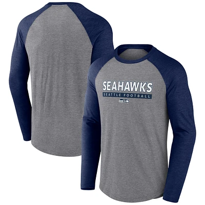 Men's Fanatics Heather Gray/College Navy Seattle Seahawks Tri-Blend Raglan Long Sleeve T-Shirt