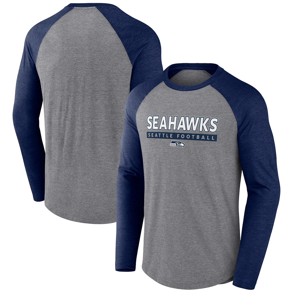 Men's Fanatics Heather Gray/Heather College Navy Seattle Seahawks Raglan Long Sleeve T-Shirt