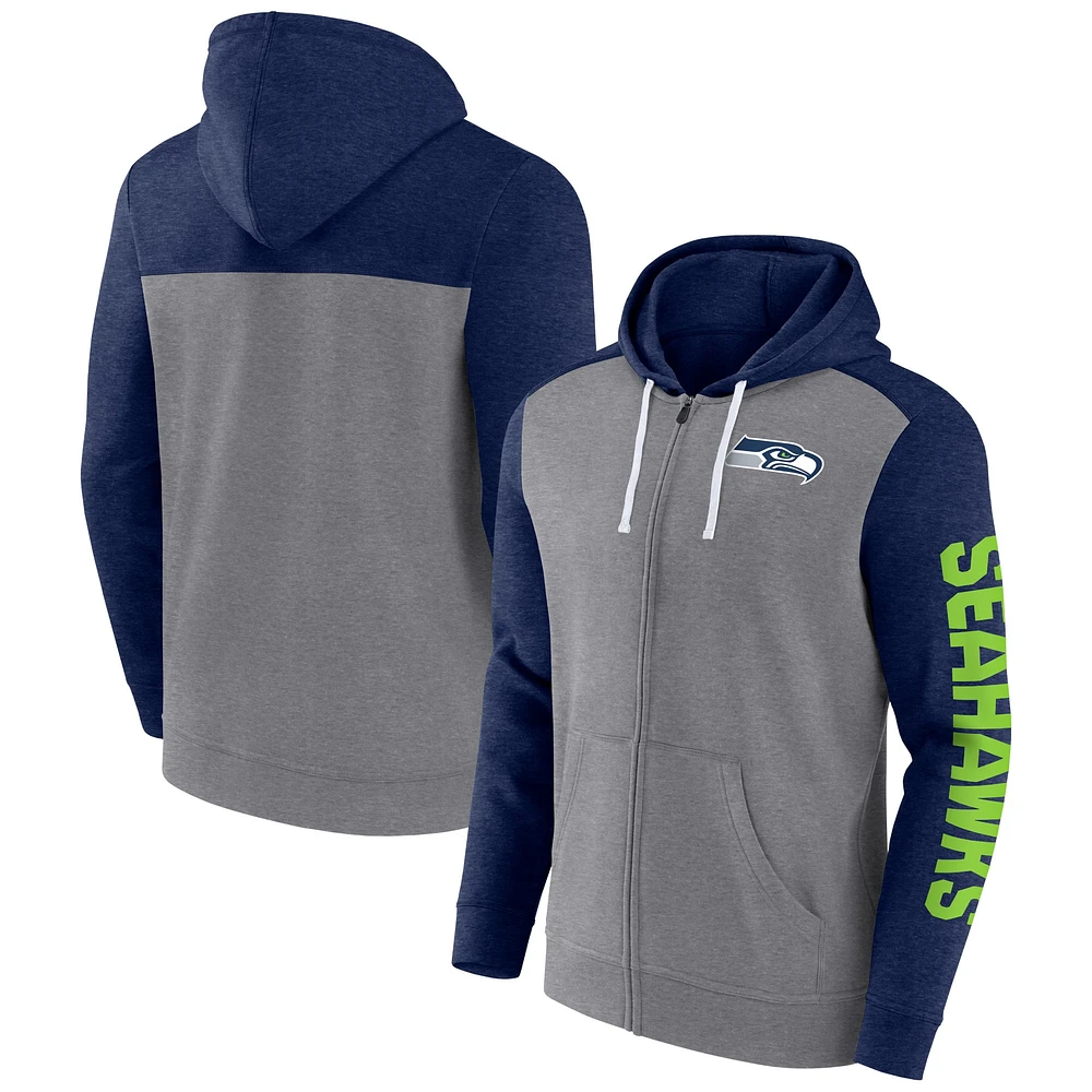 Sweat à capuche entièrement zippé Down and Distance des Seattle Seahawks Fanatics gris chiné pour hommes