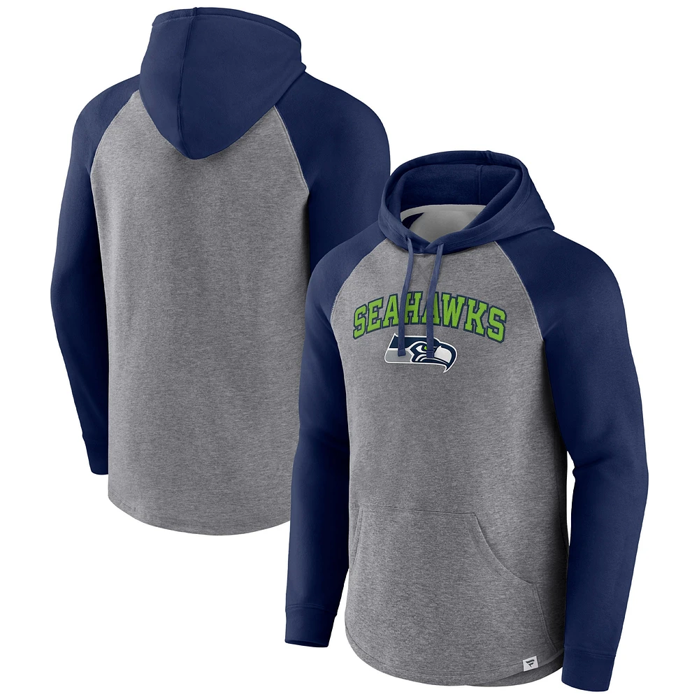 Sweat à capuche raglan Fanatics pour hommes, gris chiné/bleu marine universitaire, Seattle Seahawks By Design