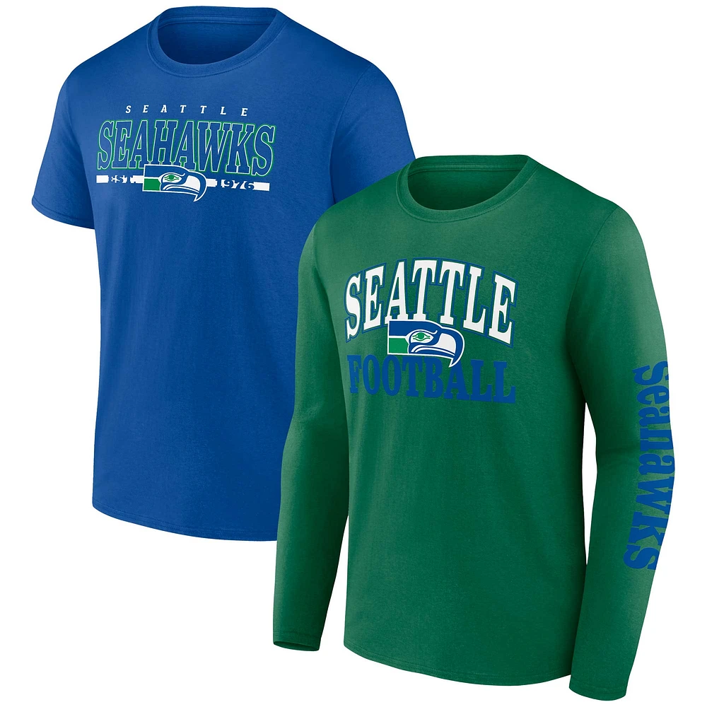 Ensemble combiné de deux t-shirts Throwback Fanatics Royal/Green Seattle Seahawks pour hommes