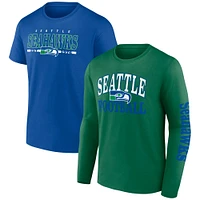 Ensemble combiné de deux t-shirts Throwback Fanatics Royal/Green Seattle Seahawks pour hommes