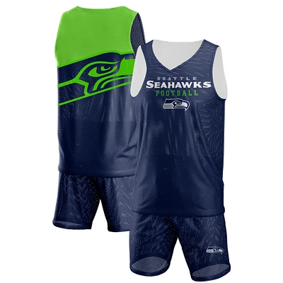 FOCO College Navy Seattle Seahawks Colorblock Mesh V-Neck & Short Set