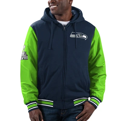 Sweat à capuche entièrement zippé G-III Sports by Carl Banks College pour hommes, bleu marine/vert fluo, Seattle Seahawks Player Option