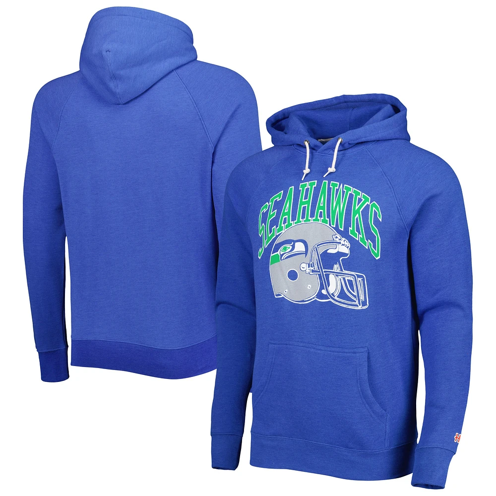 Men's Homage Royal Seattle Seahawks Retro Helmet Tri-Blend Raglan Pullover Hoodie