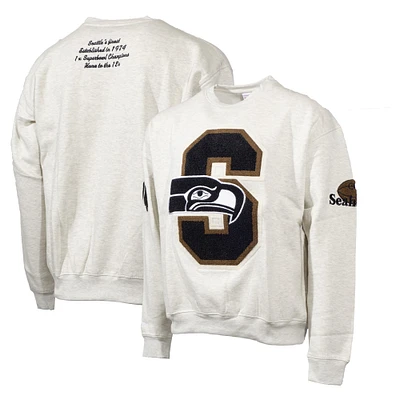 Men's Mitchell & Ness Oatmeal Seattle Seahawks Varsity Oversized Pullover Sweatshirt