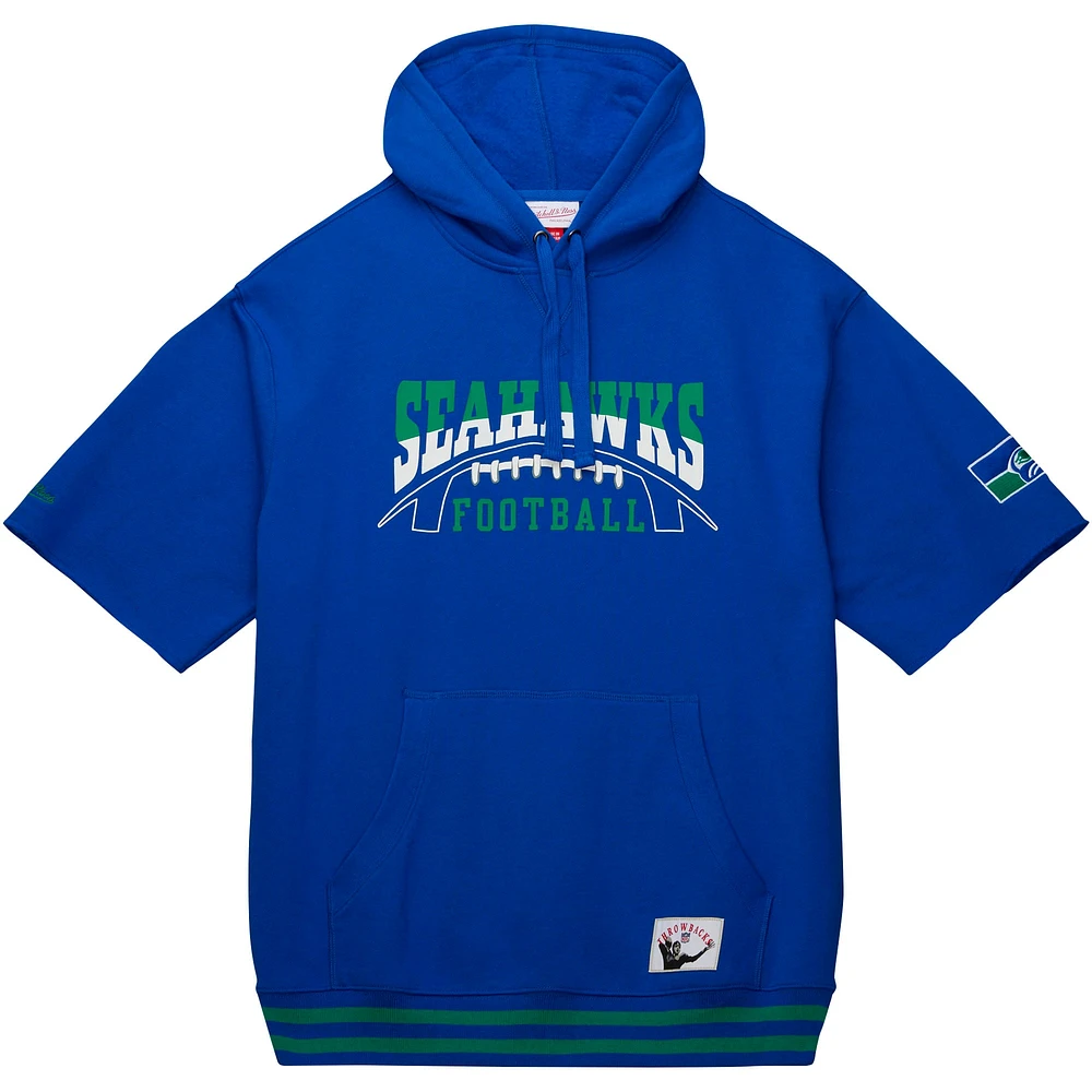 Men's Mitchell & Ness Royal Seattle Seahawks Pre-Game Short Sleeve Pullover Hoodie