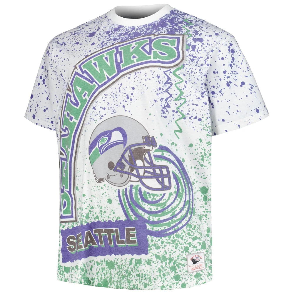 T-shirt blanc à imprimé intégral pour hommes Mitchell & Ness Seattle Seahawks Big Tall