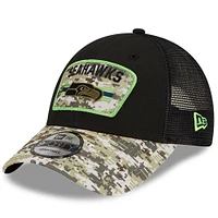 Casquette New Era Seattle Seahawks 2021 Salute To Service pour homme, noir/camouflage - Casquette réglable Snapback Trucker 9FORTY