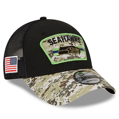 Casquette New Era Seattle Seahawks 2021 Salute To Service pour homme, noir/camouflage - Casquette réglable Snapback Trucker 9FORTY