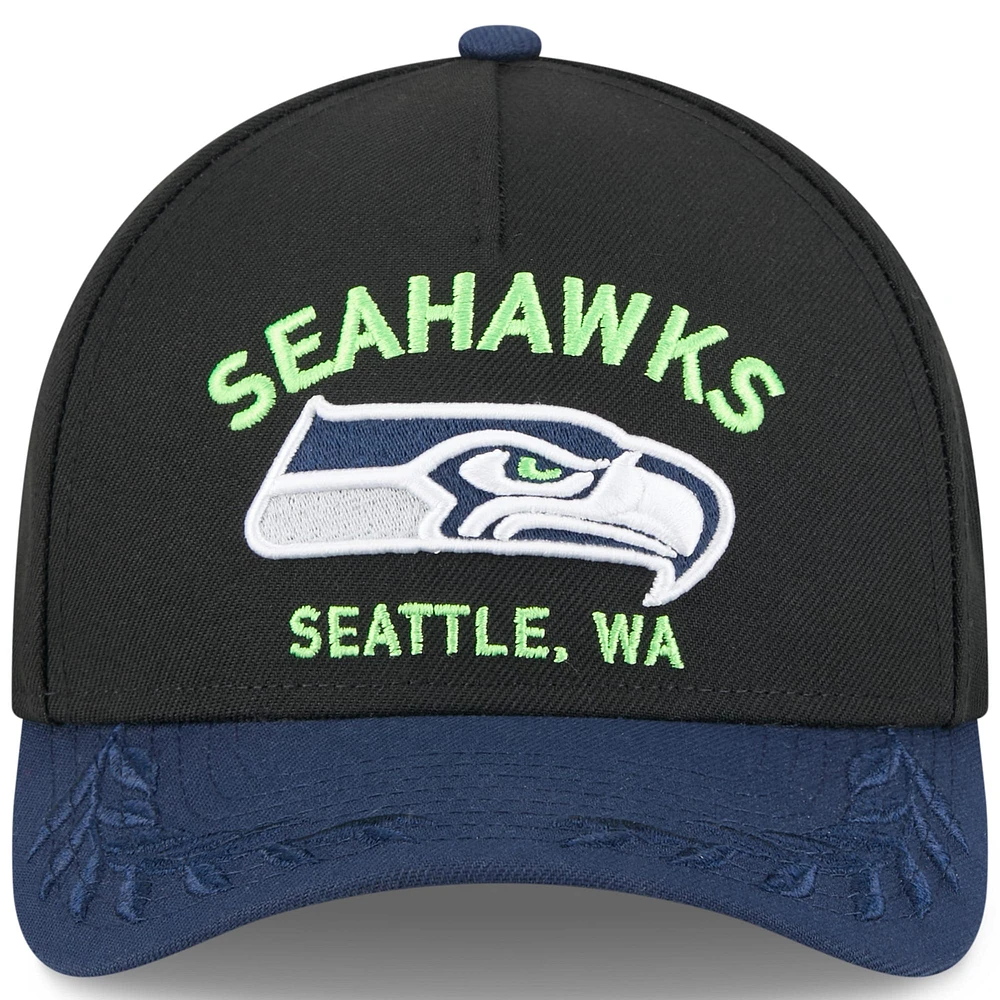 Men's New Era Black/College Navy Seattle Seahawks 2025 NFL Draft 9FORTY A-Frame M-Crown Adjustable Hat
