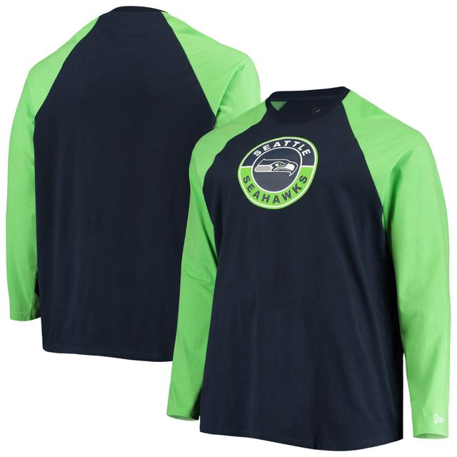 T-shirt à manches longues New Era College Navy/Neon Green Seattle Seahawks Tailles Big & Tall League Raglan pour homme