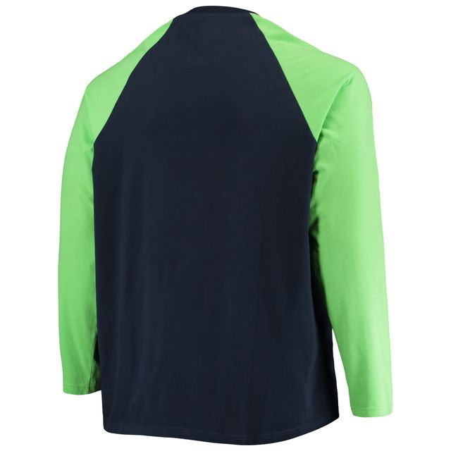 T-shirt à manches longues New Era College Navy/Neon Green Seattle Seahawks Tailles Big & Tall League Raglan pour homme