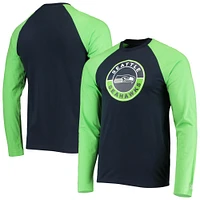 T-shirt à manches longues Raglan New Era College Navy/Neon Green pour homme Seattle Seahawks League