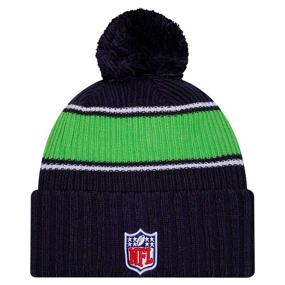 Bonnet en tricot à revers avec pompon pour homme New Era College Navy Seattle Seahawks 2024 Sideline Sport