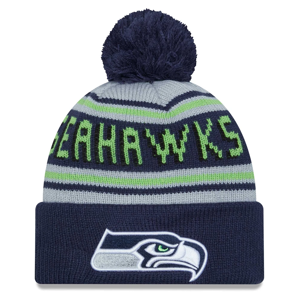 Bonnet en tricot à revers principal des Seattle Seahawks New Era College Navy pour hommes avec pompon