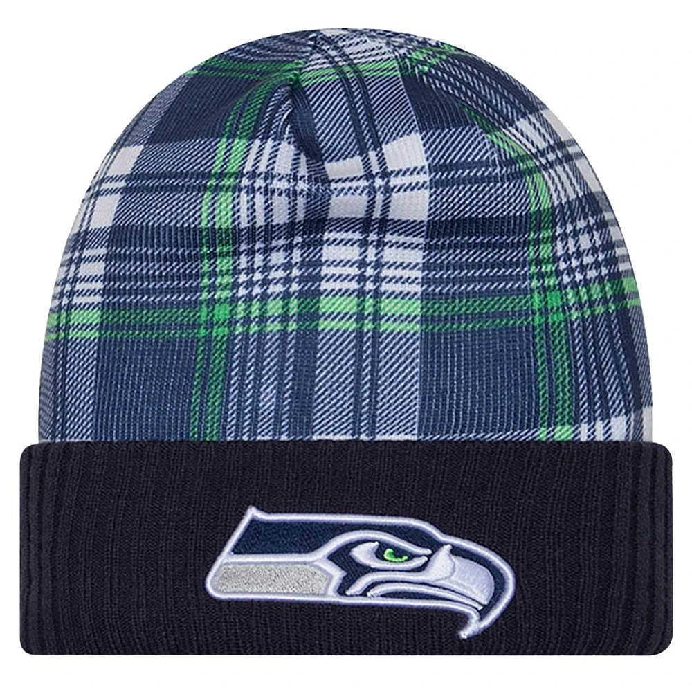 Bonnet en tricot à revers avec inscription Sideline des Seattle Seahawks de New Era College Navy pour homme