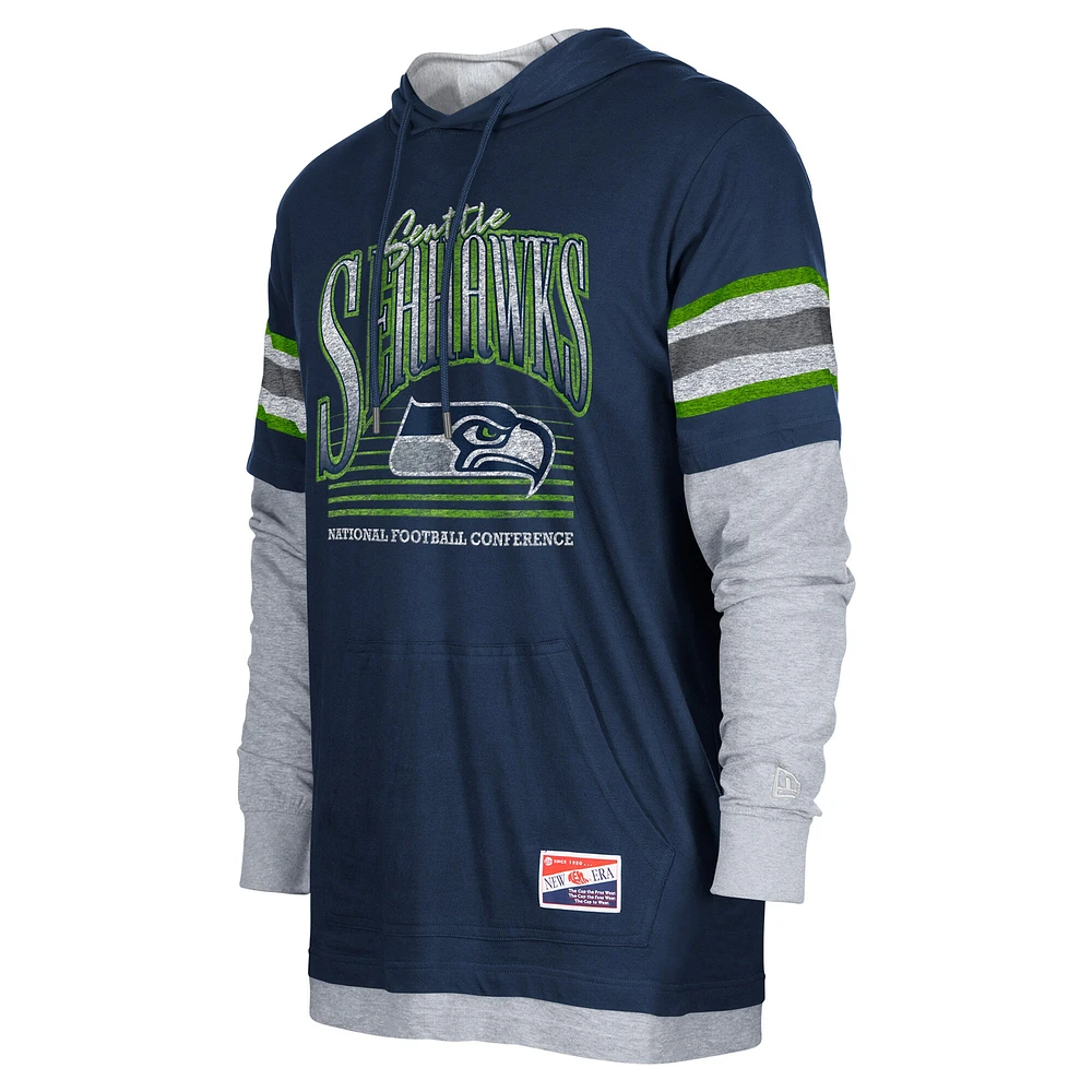 T-shirt à capuche manches longues Twofer pour homme New Era College Navy Seattle Seahawks