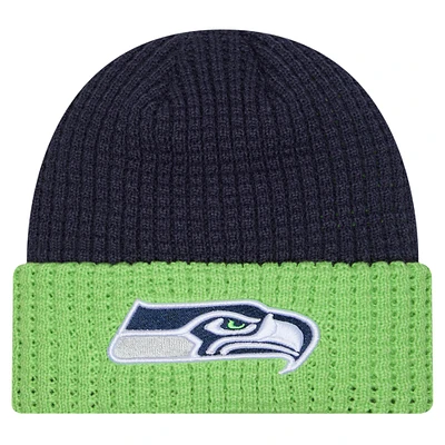 Bonnet en tricot gaufré à revers bleu marine pour homme New Era des Seattle Seahawks