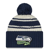 New Era Seattle Seahawks 2022 Sideline crème/bleu marine pour homme - Bonnet sport en tricot à revers avec pompons