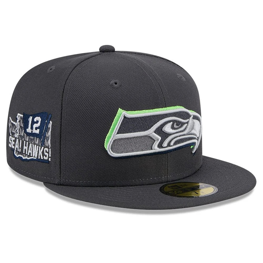 Casquette ajustée 59FIFTY officielle du repêchage NFL 2024 sur scène des Seattle Seahawks New Era Graphite pour hommes