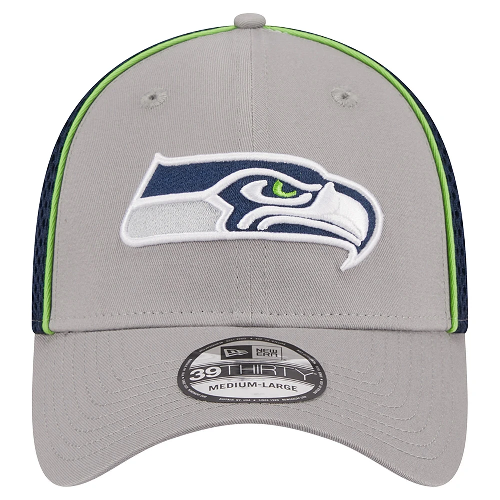 Casquette flexible 39THIRTY New Era pour hommes, gris/bleu marine universitaire, Seattle Seahawks Pipe