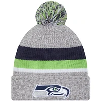 Bonnet en tricot à revers des Seattle Seahawks New Era gris chiné pour hommes avec pompon