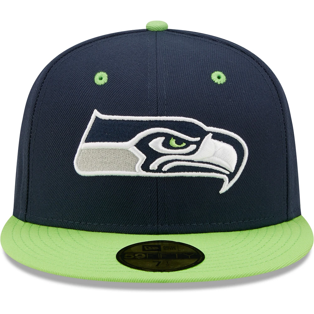 Casquette ajustée New Era Seattle Seahawks Flipside 2Tone 59FIFTY bleu marine/vert fluo pour homme