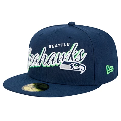 Men's New Era Navy Seattle Seahawks Script Sided 59FIFTY Fitted Hat