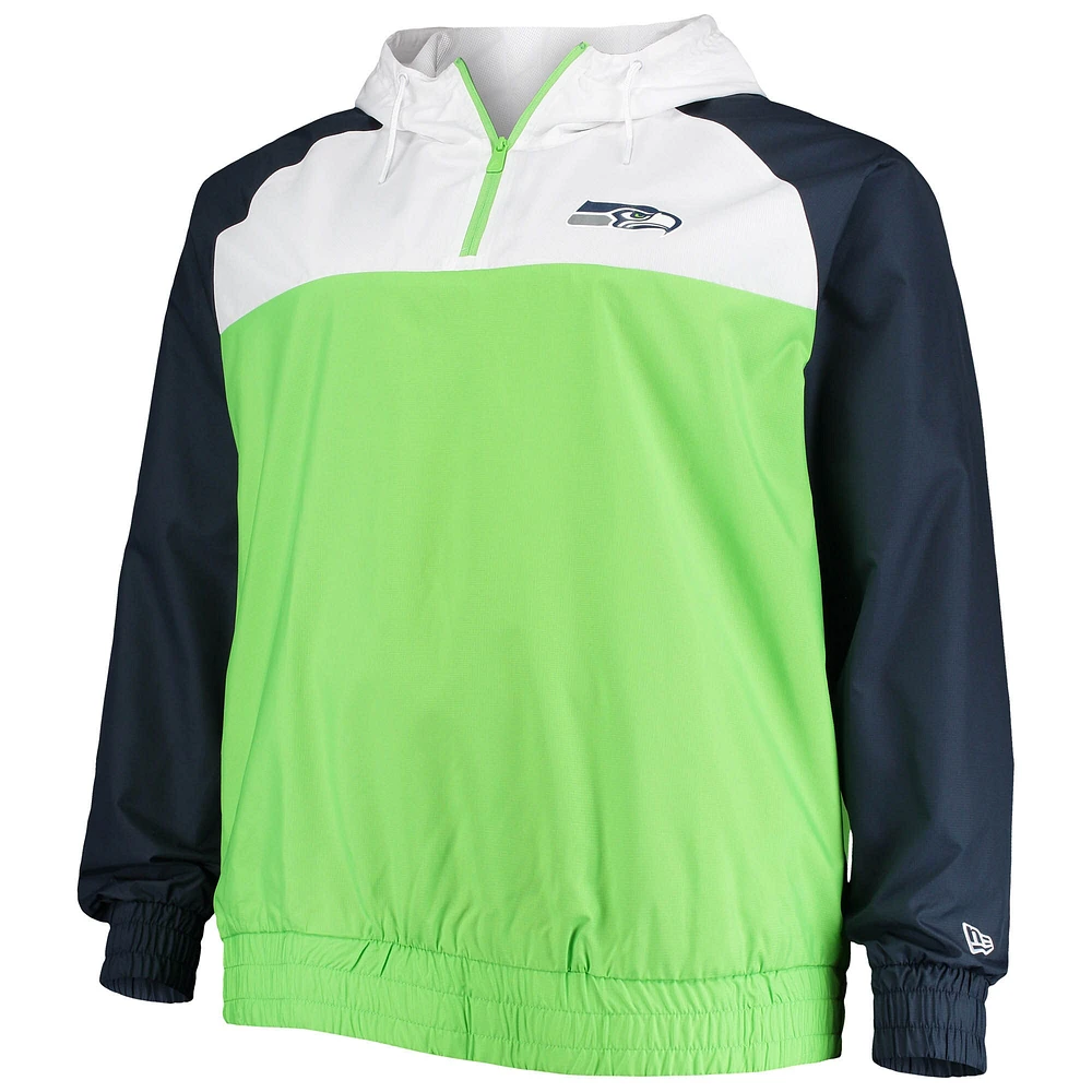 Chandail à capuchon glissière quart-zip raglan New Era pour homme, vert fluo/bleu marine collégial Seattle Seahawks Tailles Big & Tall League