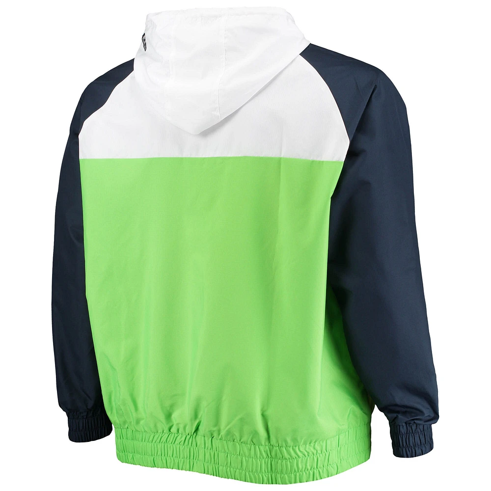 Chandail à capuchon glissière quart-zip raglan New Era pour homme, vert fluo/bleu marine collégial Seattle Seahawks Tailles Big & Tall League